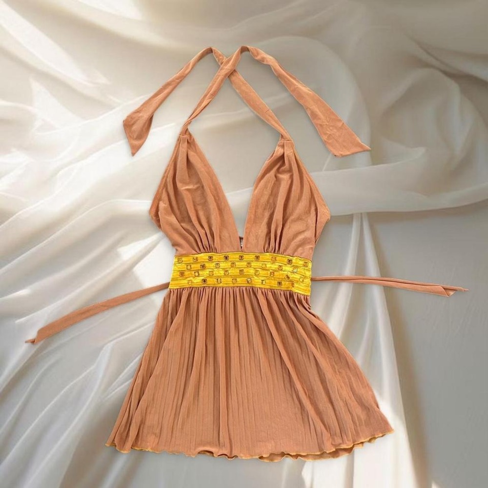 Y2K papertag Orange and yellow halter babydoll top with tieback